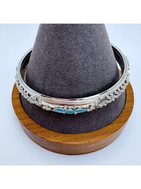 Blue Enamel Beaded Scroll Design Silver Tone Bangle Bracelet Size 7.5" Fit